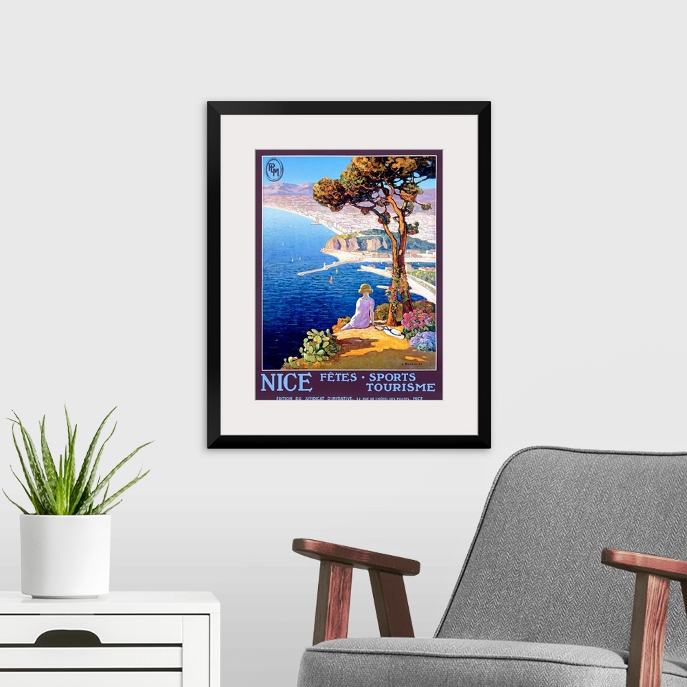 A modern room featuring Vertical, large vintage advertisement for the Festival of Sports and Tourism in Nice.  Woman sitt...