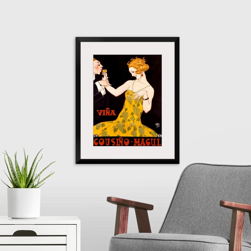 A modern room featuring An Art Deco advertising poster showing a young flapper in a dress printed with grapes sipping cha...