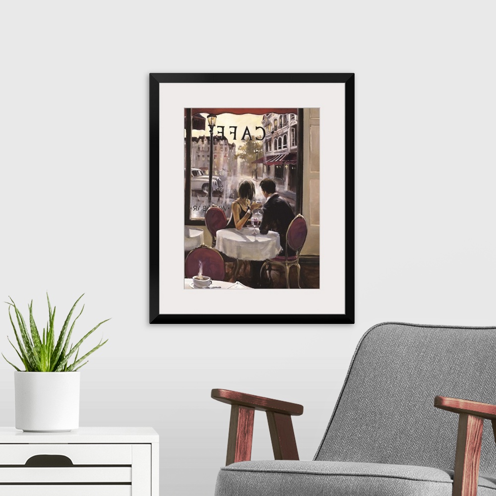 A modern room featuring Contemporary painting of a couple sitting in a cafe and gazing out the window at the world moving...