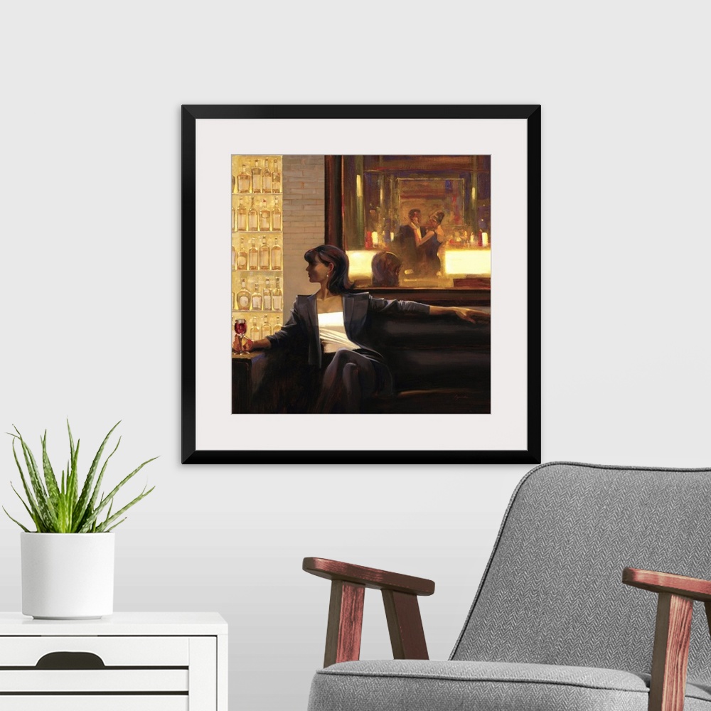 A modern room featuring Contemporary painting of woman sitting on sofa in a lounge holding a drink in her hand.