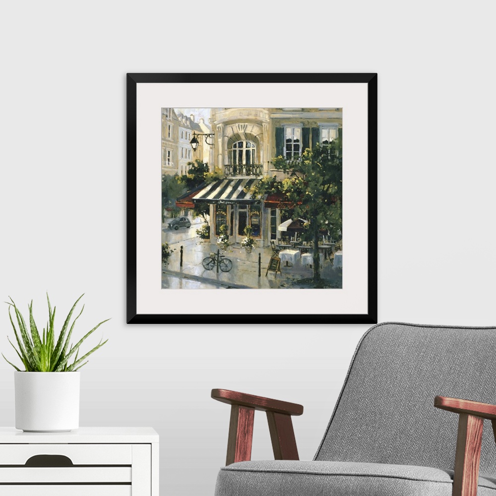 A modern room featuring Contemporary painting of a city street corner antique shop.