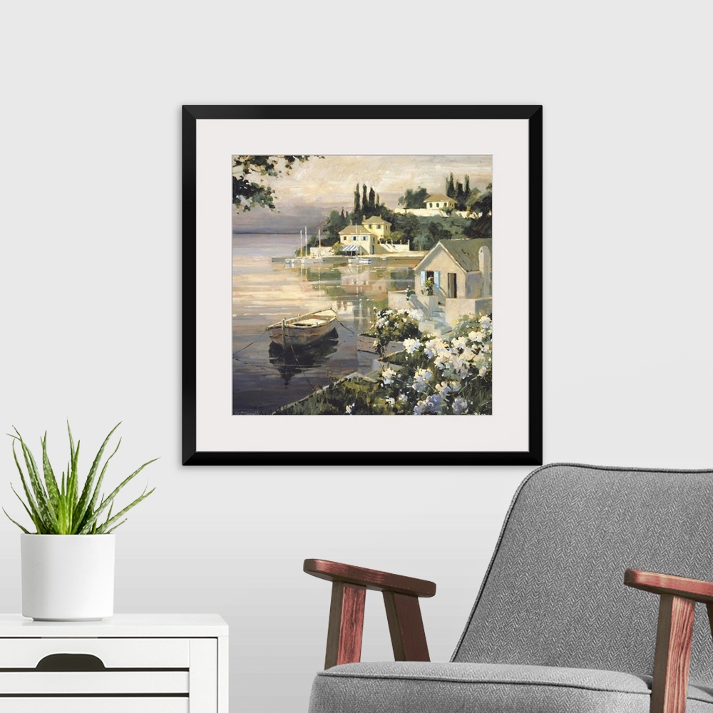 A modern room featuring Contemporary painting of a small village harbor, with a white rowboat anchored near the shore.