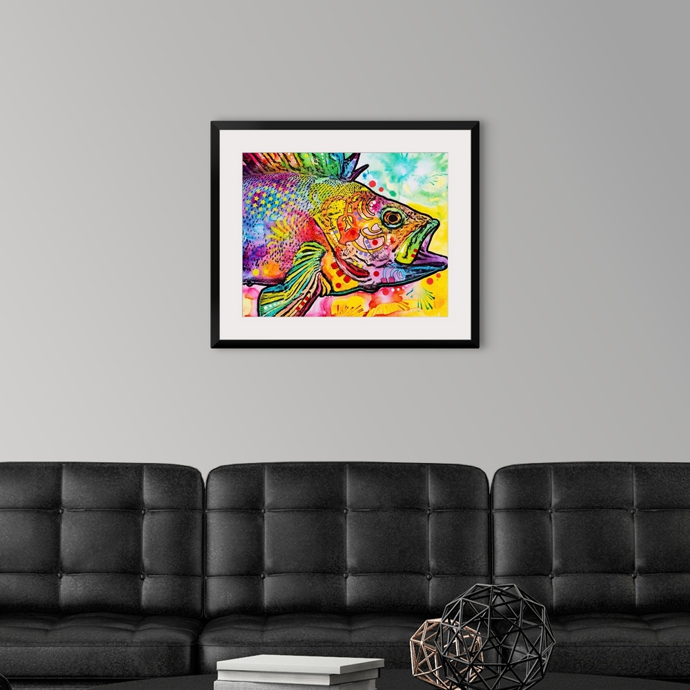 A modern room featuring Vibrant painting of a fish with abstract designs and its mouth wide open.