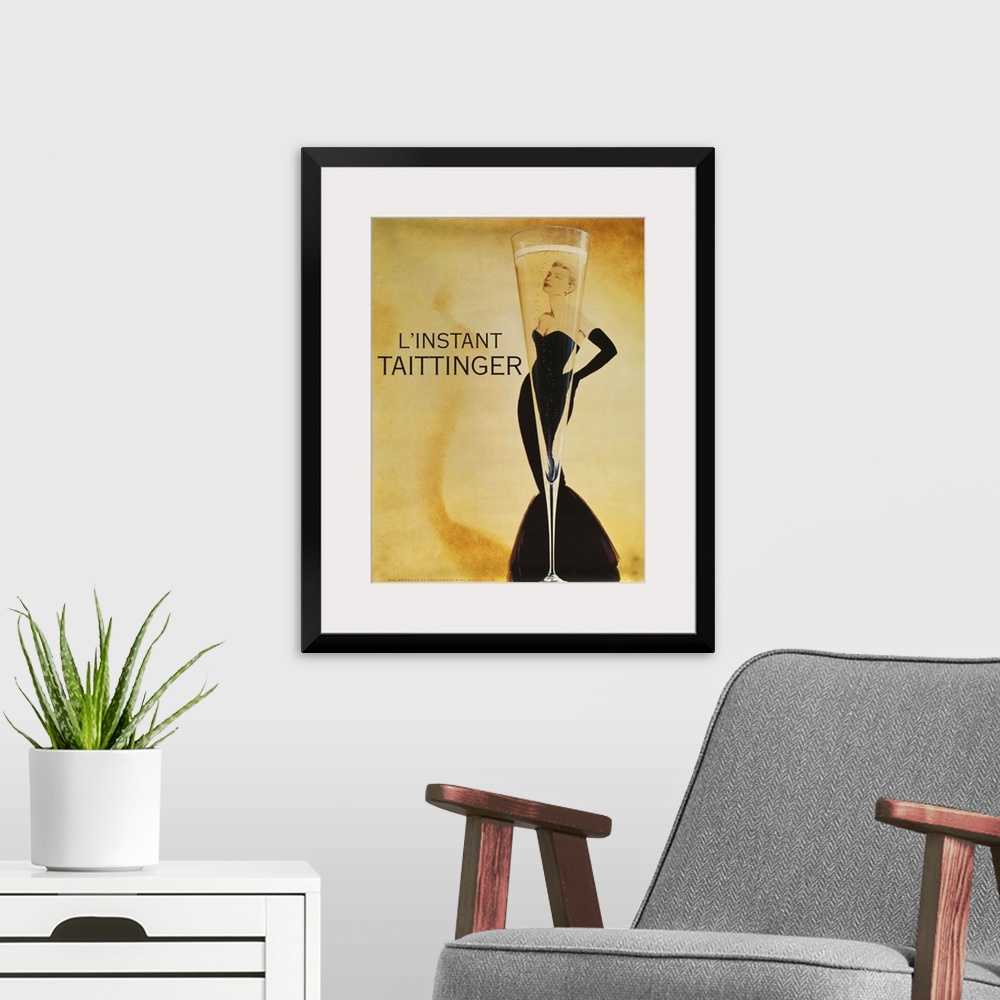 A modern room featuring Vintage poster advertisement for L'instant Taittinger.