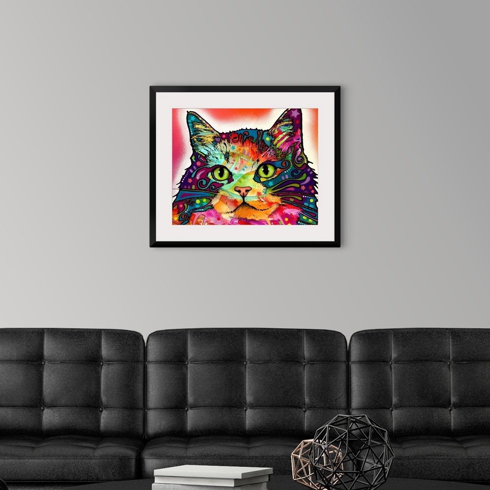 A modern room featuring Large illustration displays the head of a cat that has been decorated in a variety of extremely v...