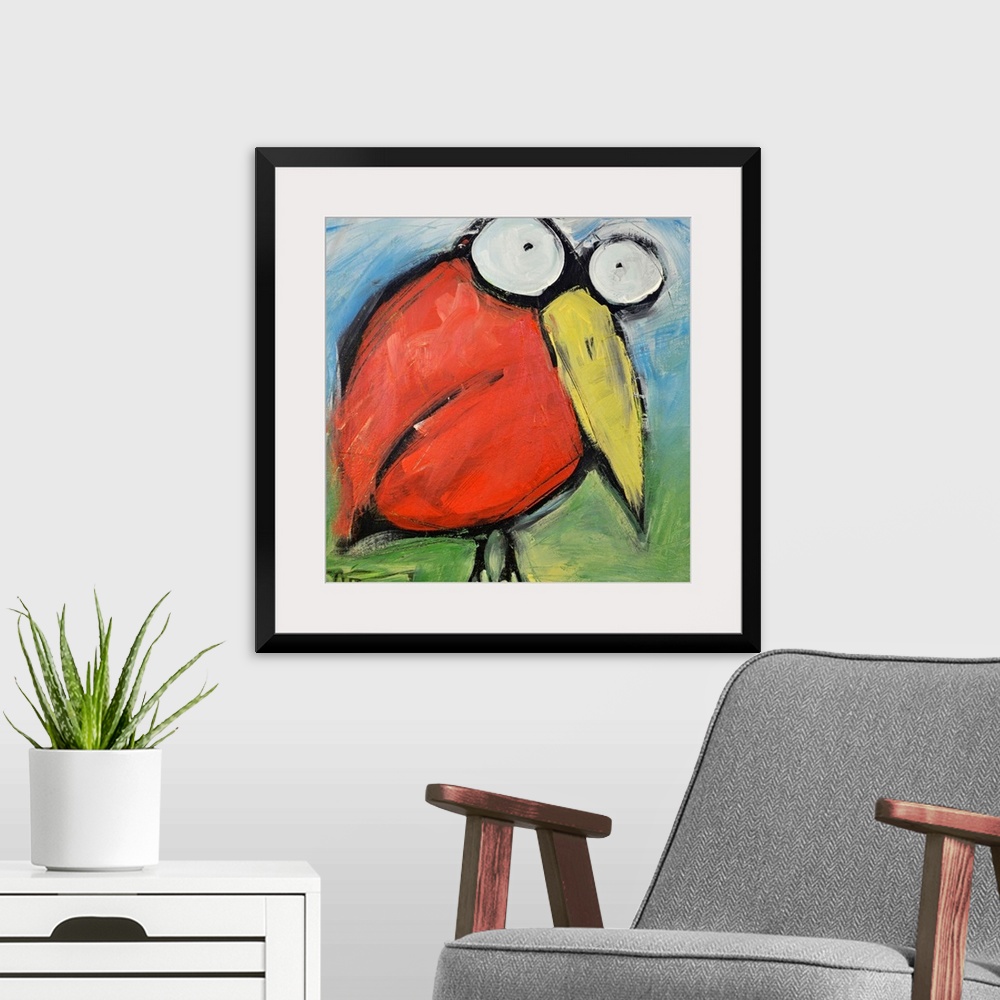 A modern room featuring An energetic and delightfully goofy painting of a cartoonish red bird with bugging eyes on square...