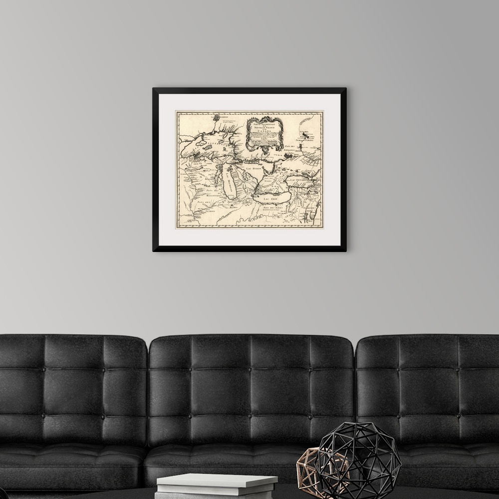 A modern room featuring Map of the Great Lakes region, covering the area from Lake Superior to western Quebec, and from D...