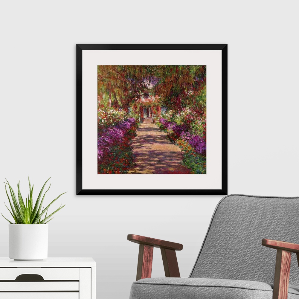 A modern room featuring This is an Impressionist painting showing the bright light and mid-day shade of this flower fille...