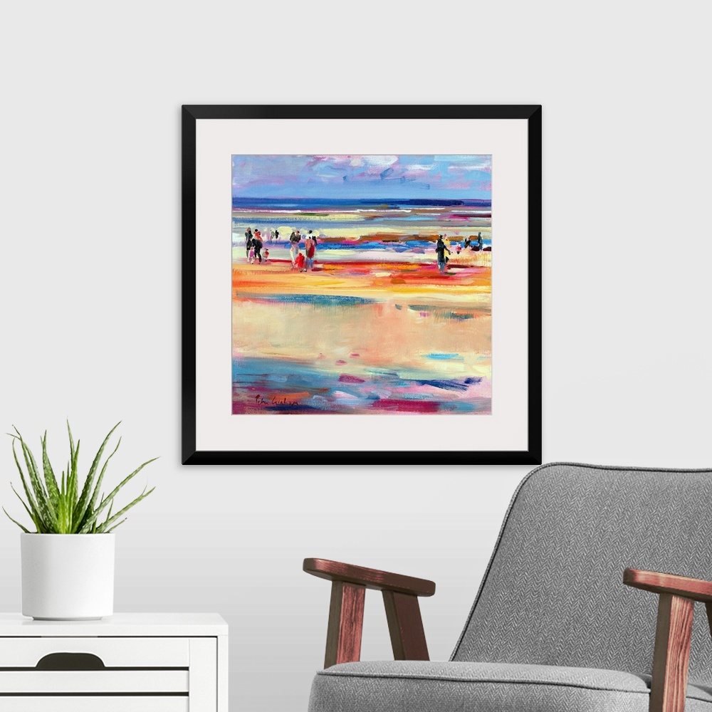 A modern room featuring This contemporary abstract painting shows beach goers strolling up and down the shore of the seas...