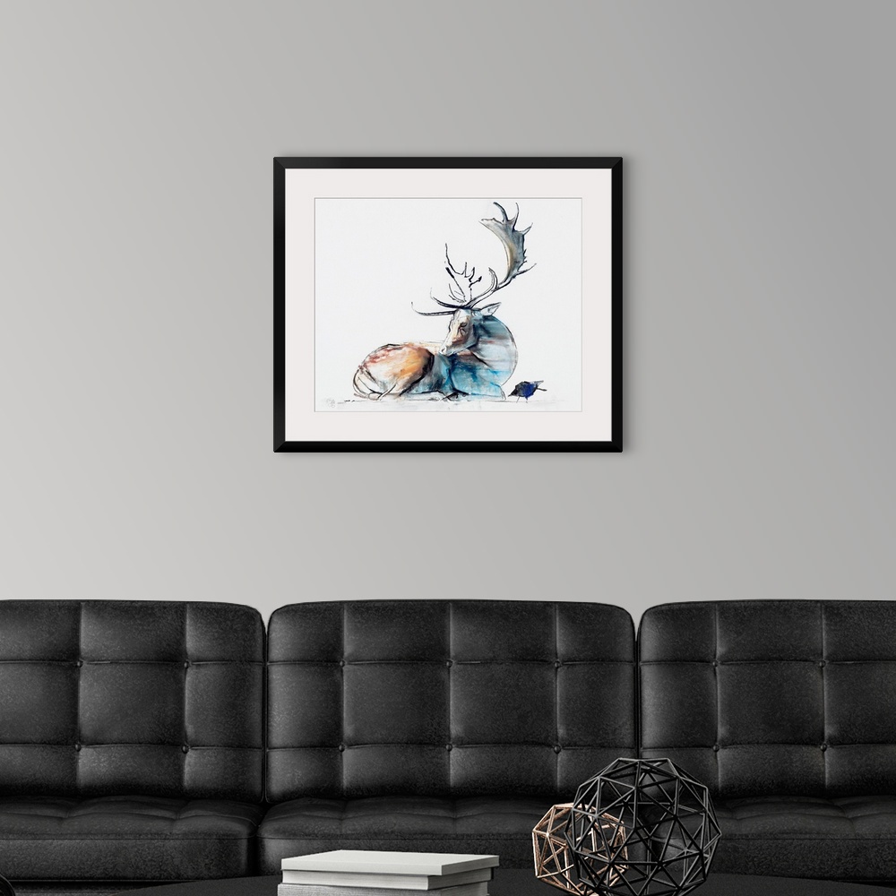 A modern room featuring This large painting consists of a large buck curled up on the ground with a small bird just to th...