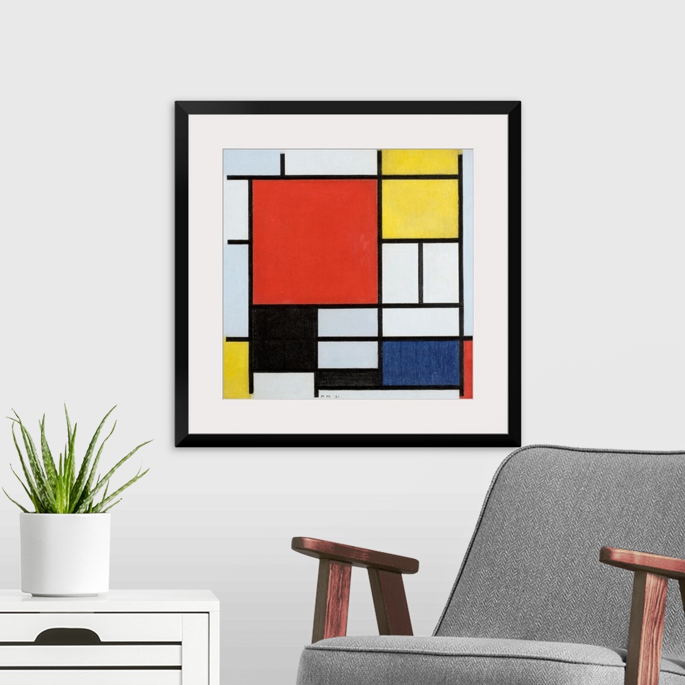 A modern room featuring Composition with large red plane, yellow, black, gray and blue, 1921 (originally oil on canvas) b...