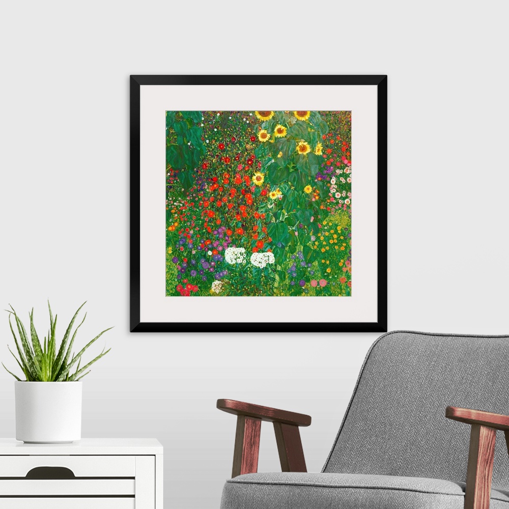 A modern room featuring This square painting depicts a densely packed garden filled with towering sunflowers and multicol...