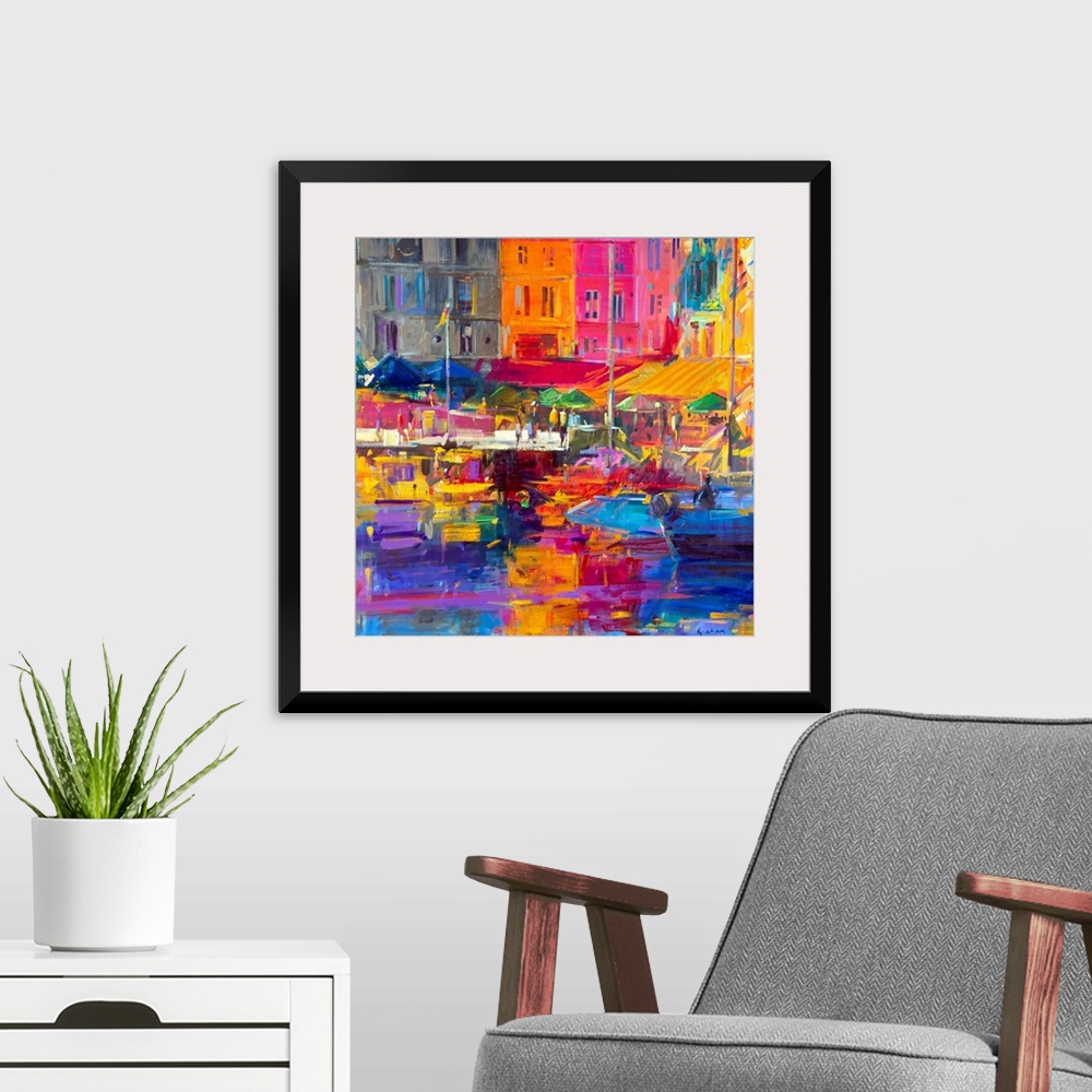 A modern room featuring A landscape painting of a harbor painted with impressionistic brushstrokes and vivid unnatural hues.