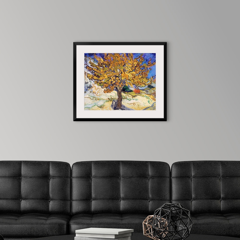 A modern room featuring Writhing brush strokes depict the leaves and tree branches in this lively Impressionist landscape.