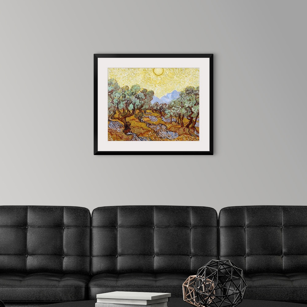 A modern room featuring Classical painting of an olive grove with trees in rows and the blazing sun creating shadows on t...