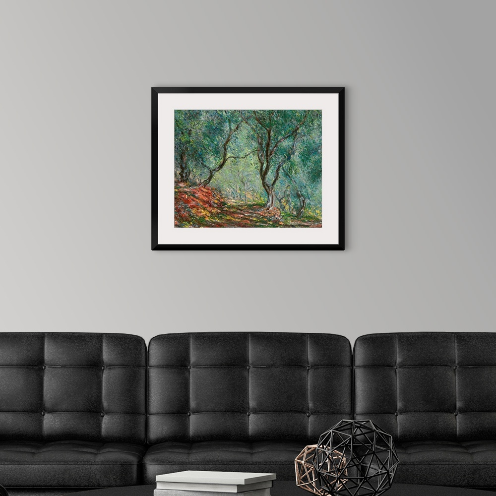 A modern room featuring Giant classic art depicts a colorful path traveling down a forest littered with trees as far as t...