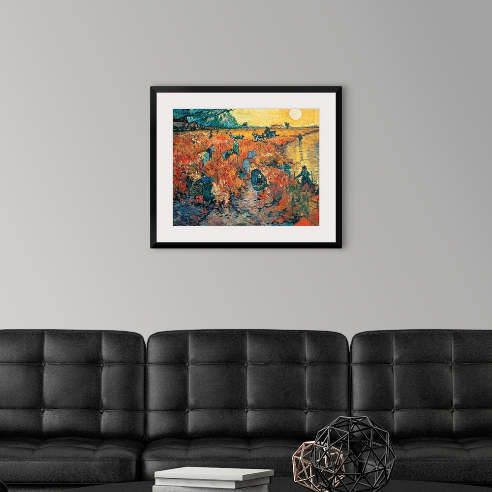 A modern room featuring Impressionist painting of farm workers harvesting grapes in the late afternoon