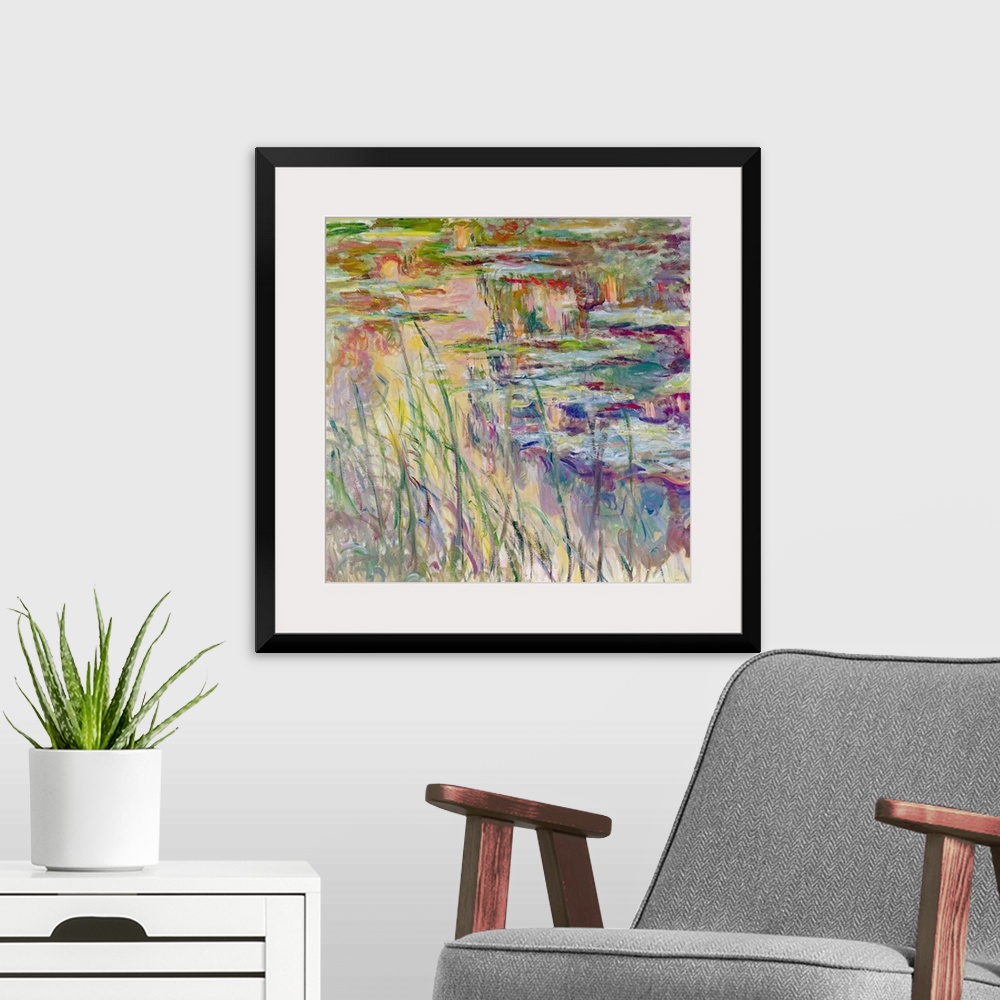 A modern room featuring This landscape painting shows the details of plant life growing around and the surface of a garde...
