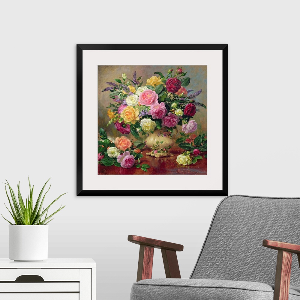 A modern room featuring Huge floral painting shows an arrangement of various colorful roses from a garden sitting in a va...