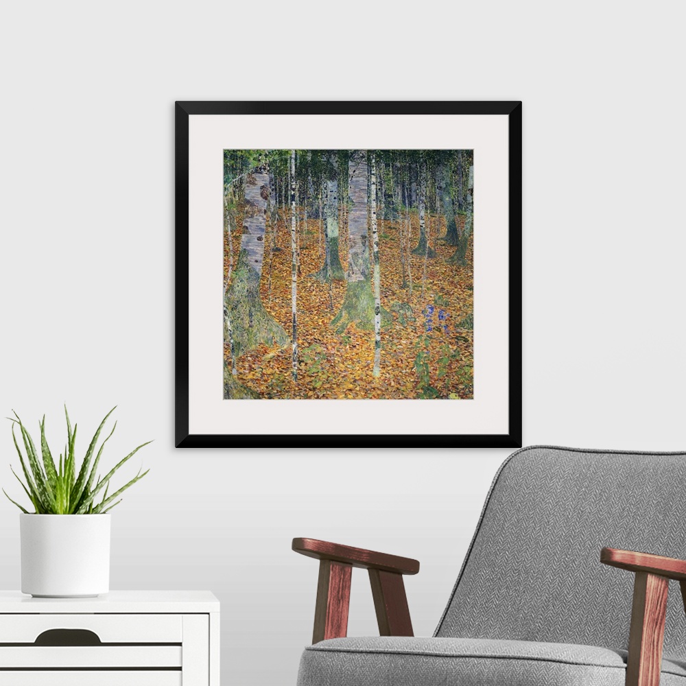 A modern room featuring A square, modern art painting of a forest floor covered with leaves and moss covered birch trees.