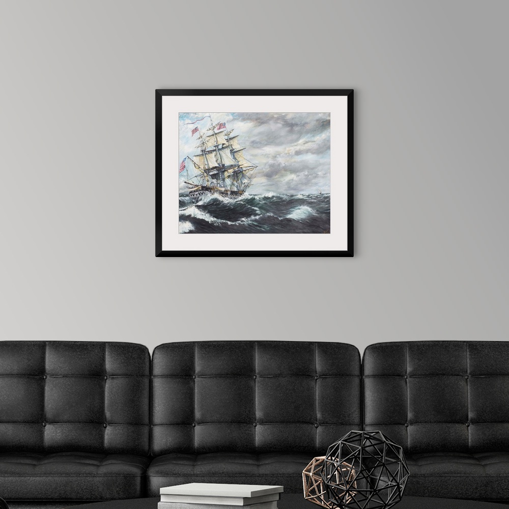 A modern room featuring Contemporary painting of a ship riding the high seas during a rough storm.