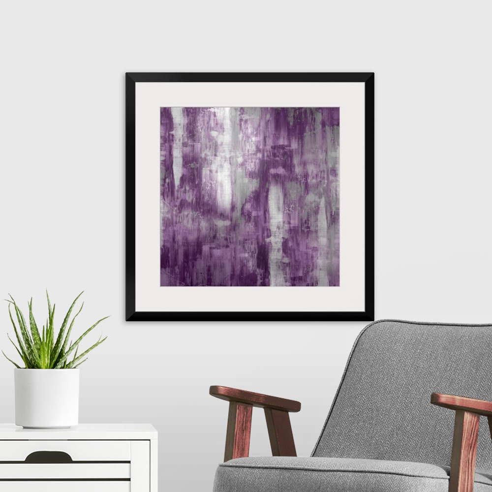 A modern room featuring Square abstract painting with silver and purple hues running down the canvas.