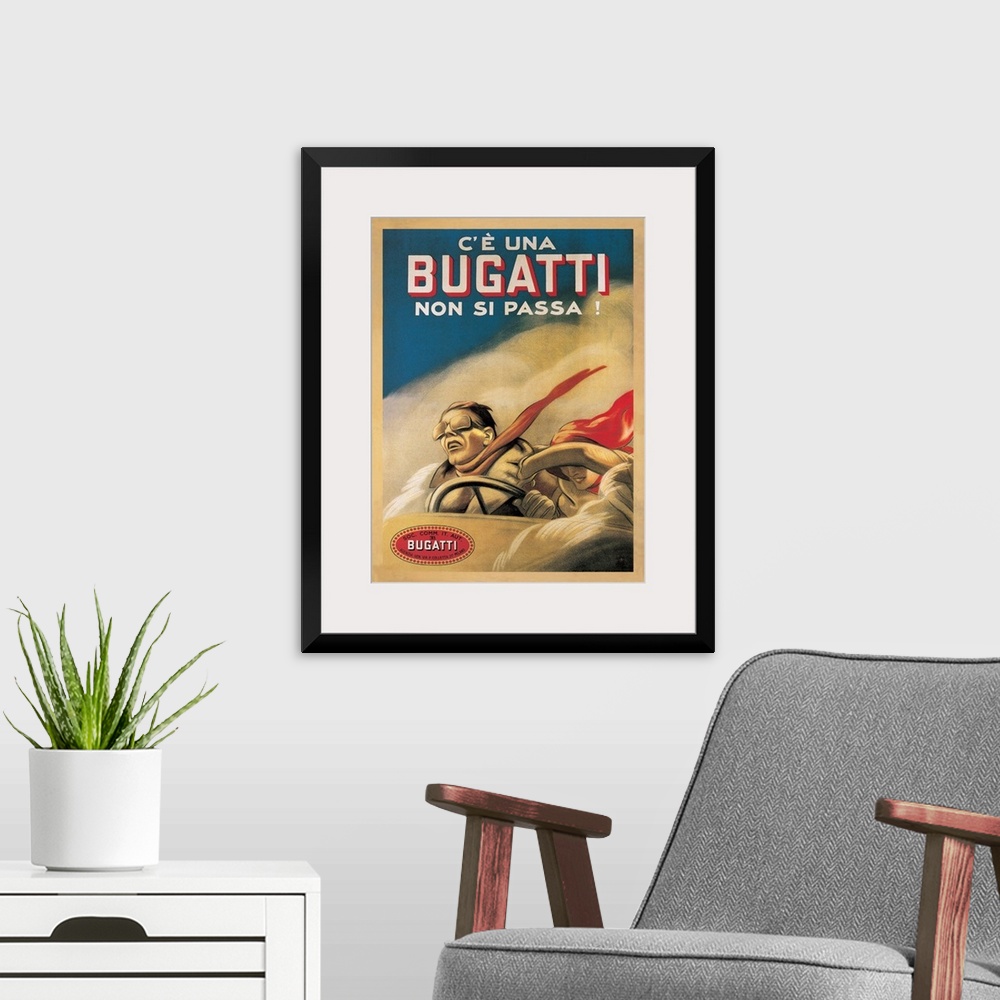A modern room featuring Vintage advertisement for the car Bugatti, 1922