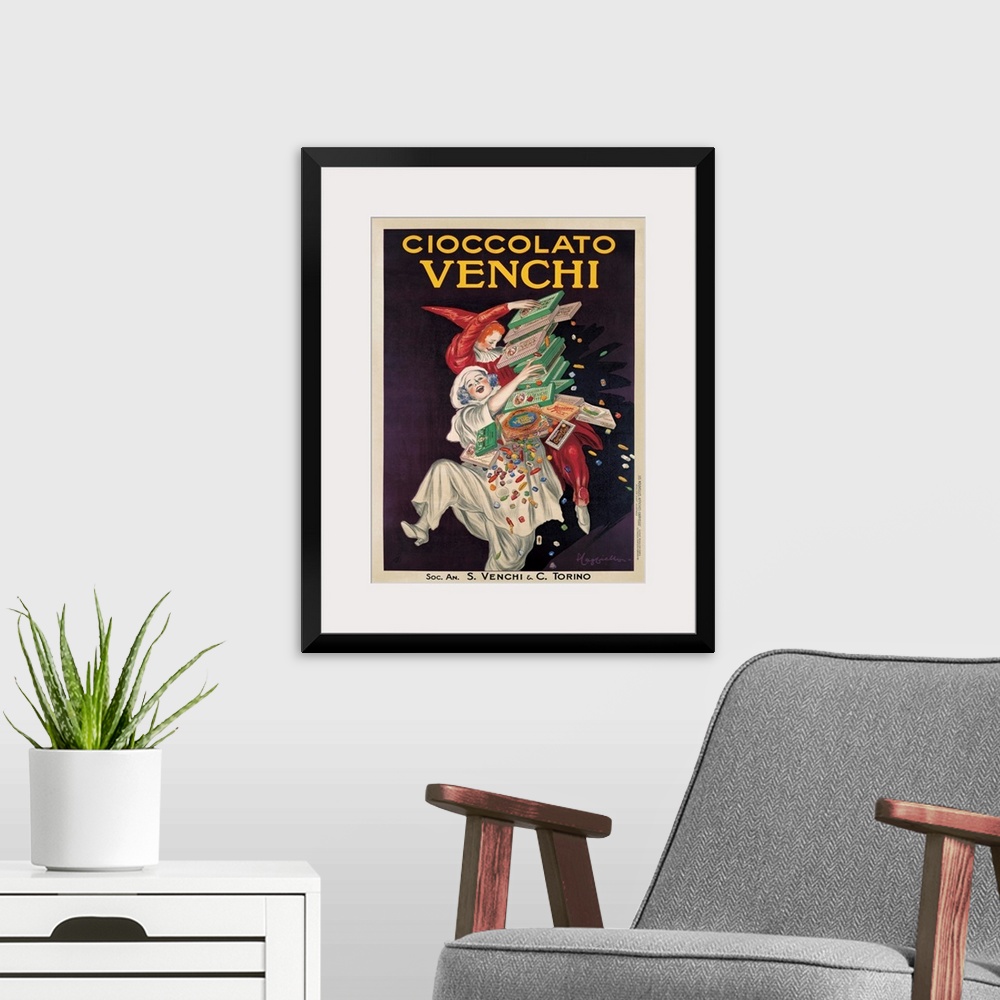 A modern room featuring Vintage advertisement of clowns for Venchi, an Italian gourmet chocolate manufacturer.