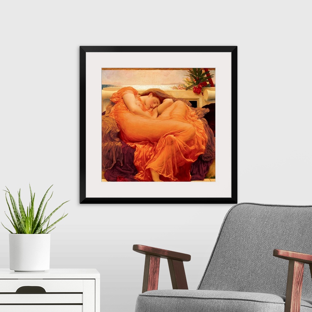 A modern room featuring Flaming June (1895) by Frederic Leighton.