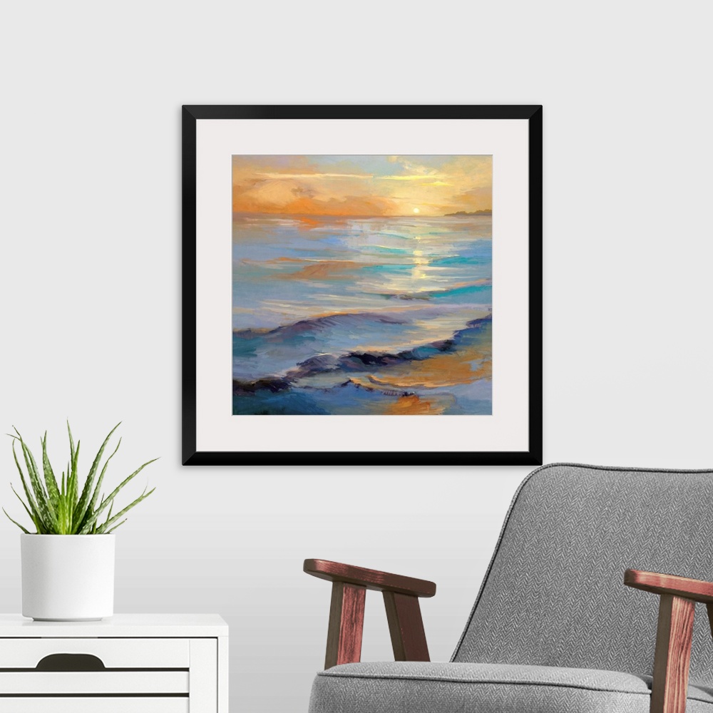 A modern room featuring Square painting of gentle waves in the ocean with the sun reflecting in the water.
