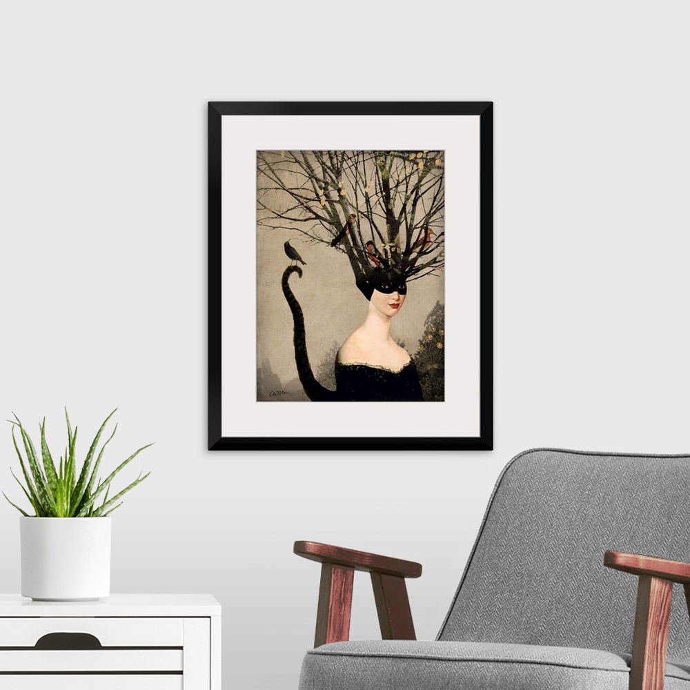A modern room featuring A woman with a cat tail has tree branches coming from her head where birds are resting.