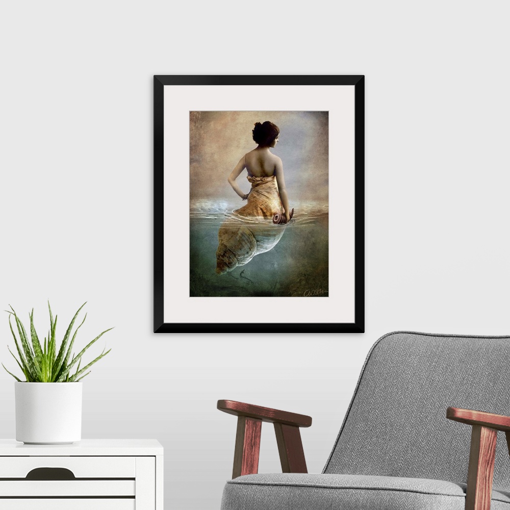 A modern room featuring Conceptual art of a woman who is half shell, floating in water.