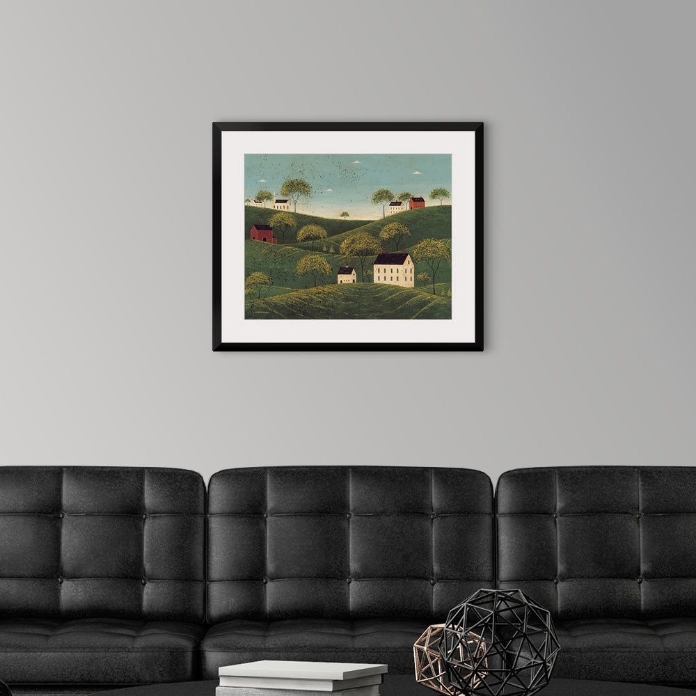 A modern room featuring This rustic folk art painting shows Georgian Colonial farmhouses perched on hilltops in the middl...