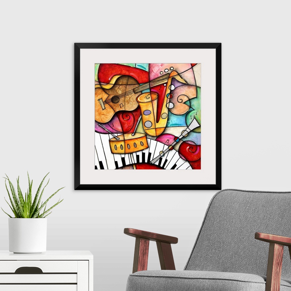 A modern room featuring Square artwork on a giant canvas of a grouping of illustrated jazz instruments, including the sax...