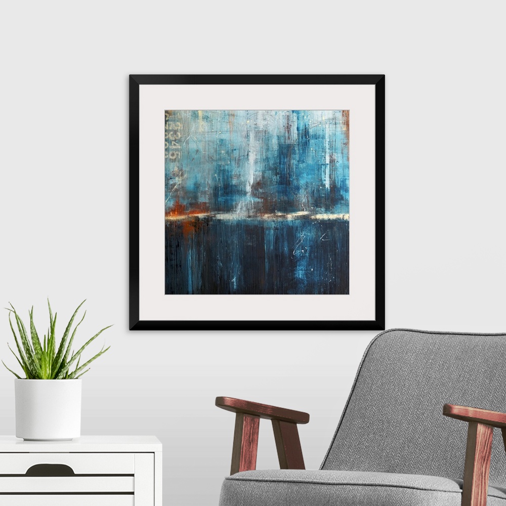 A modern room featuring Abstract canvas art of cool tones with heavy brush textures.