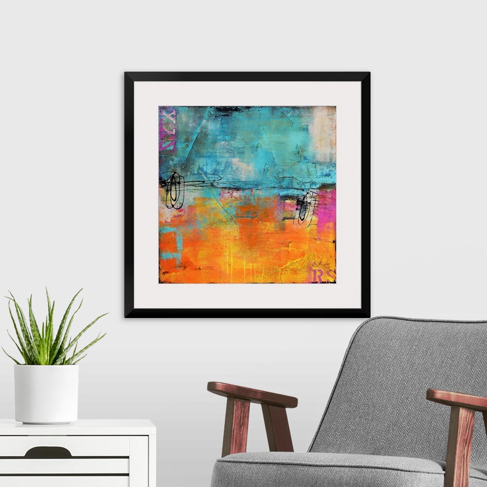 A modern room featuring Giant abstract art almost evenly broken into two horizontal rectangles composed of two cool tones...