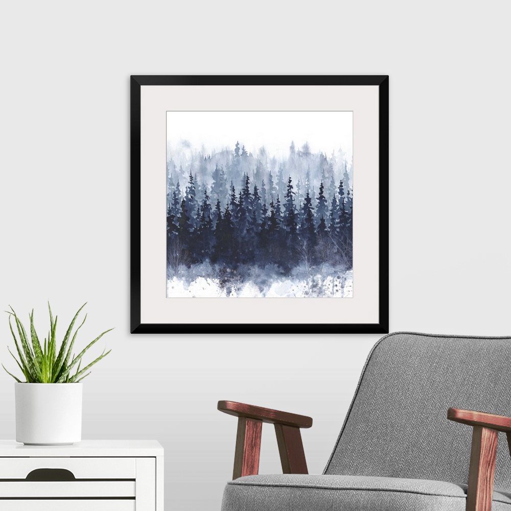 A modern room featuring Square watercolor painting of indigo trees with paint splatter on the bottom.