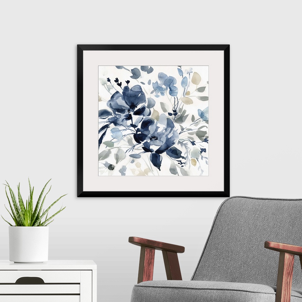 A modern room featuring Square watercolor painting of flowers with indigo, gray, and tan hues.