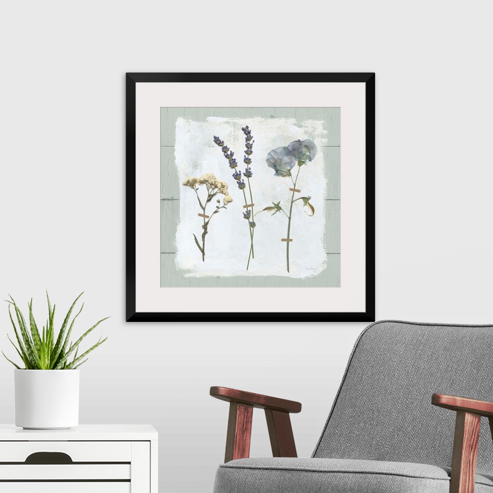 A modern room featuring Square decor with three dried flowers pressed onto a painted white square with a pale blue shipla...