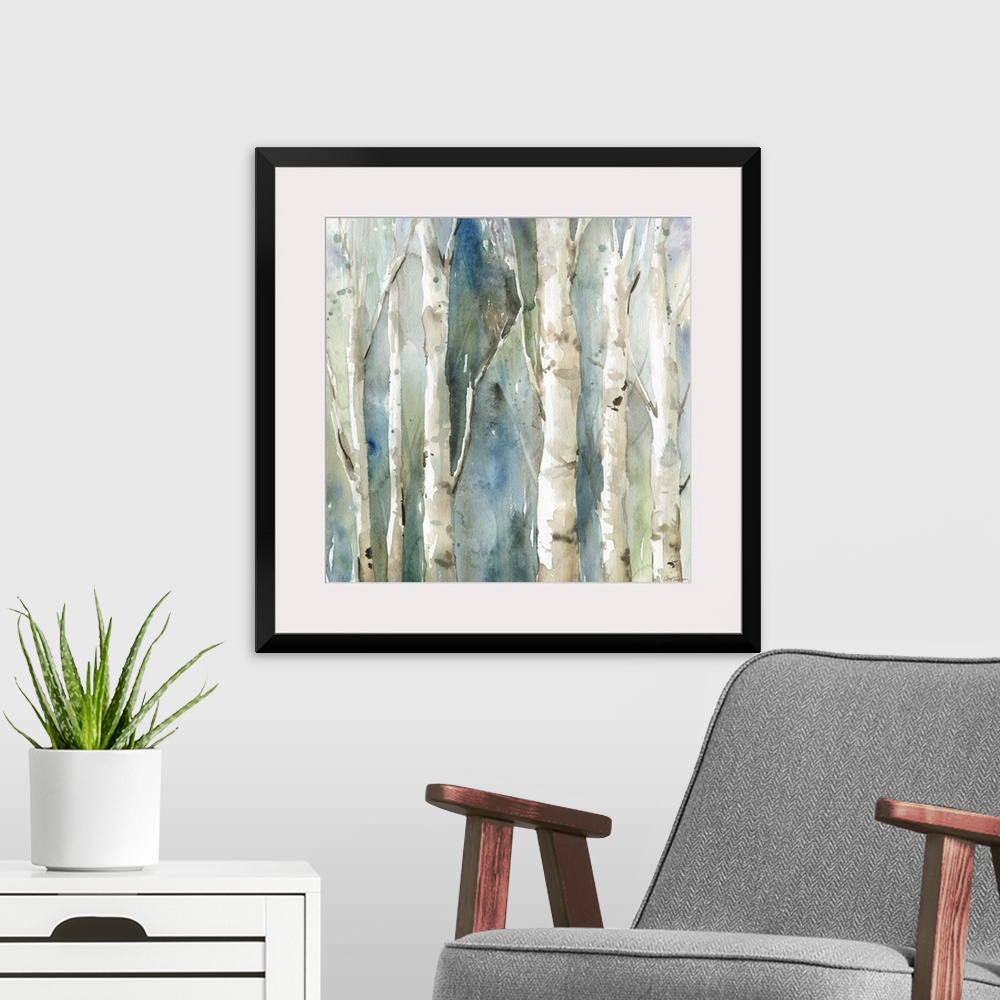 A modern room featuring Square watercolor painting of Birch trees with a blue and green toned background.