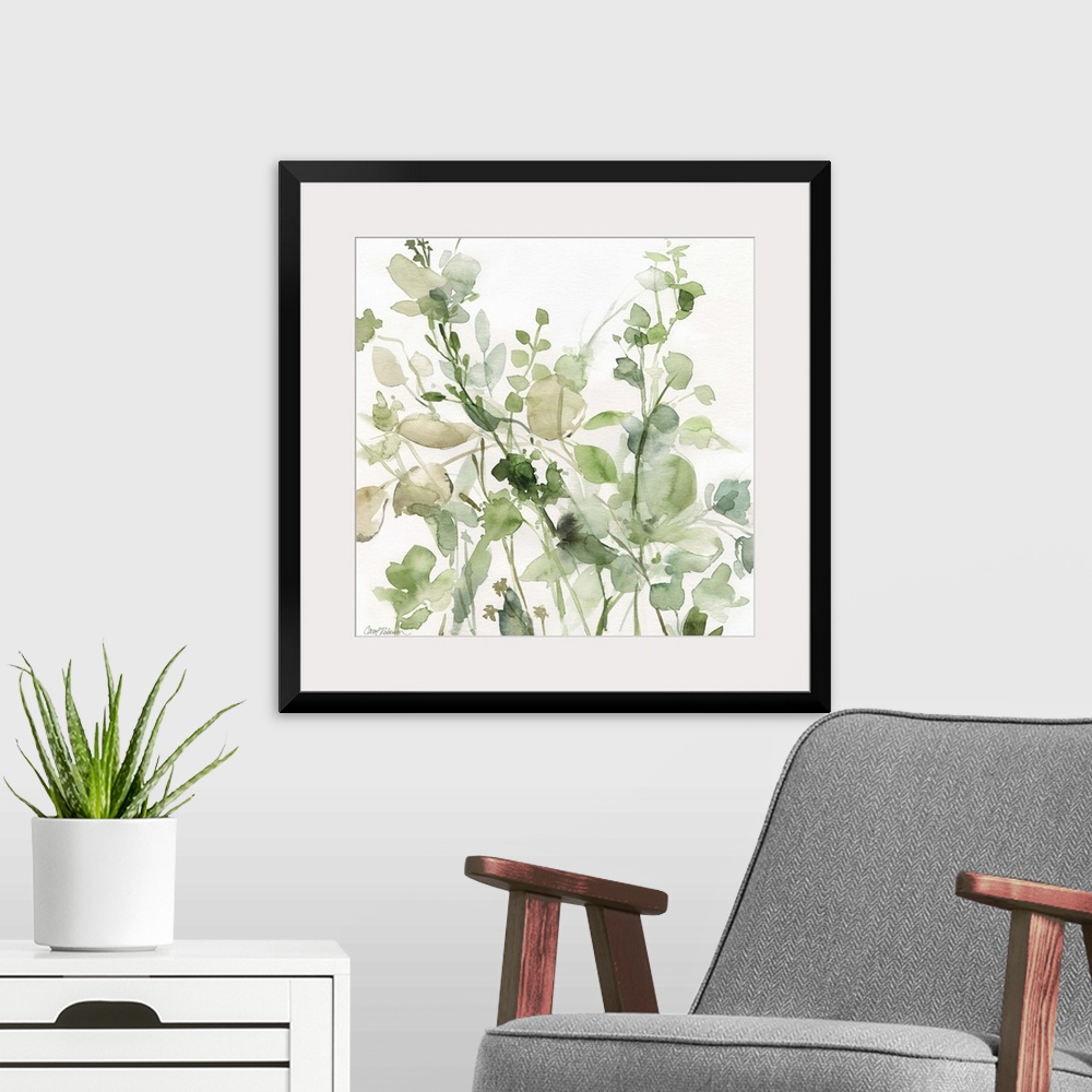 A modern room featuring Square watercolor painting of a sage garden in shades of green and beige on a white background.