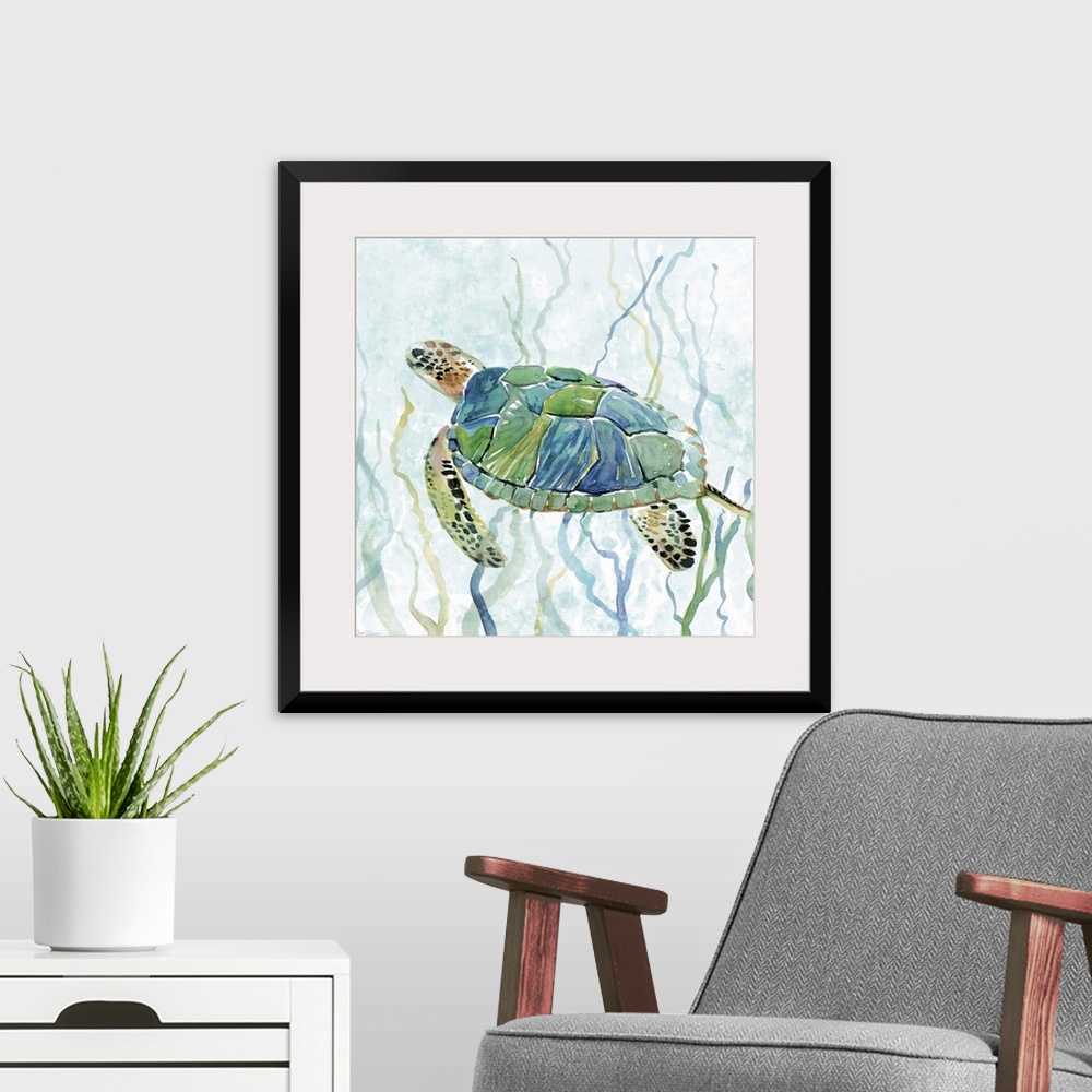 A modern room featuring Square watercolor painting of a sea turtle swimming amongst seaweed in shades of blue and green.