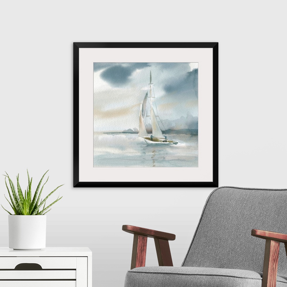 A modern room featuring Square watercolor painting of a sailboat on the ocean in shades of blue and beige.