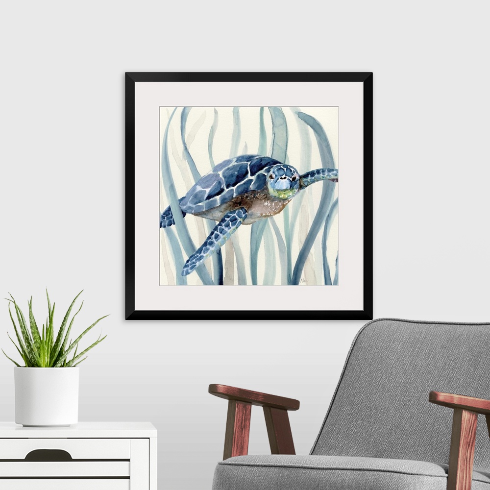 A modern room featuring Square watercolor painting of a sea turtle  swimming through seagrass in shades of blue.