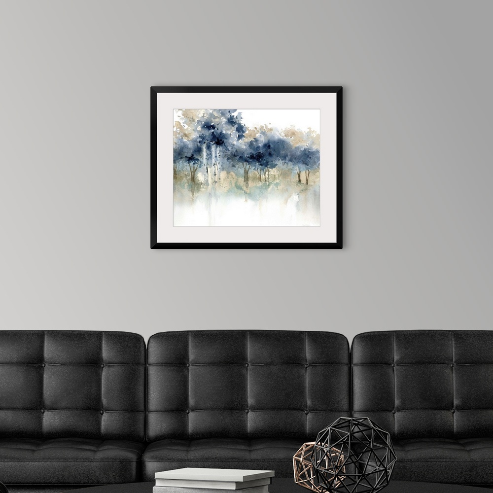 A modern room featuring Abstract watercolor painting of a forest filled with indigo topped trees.