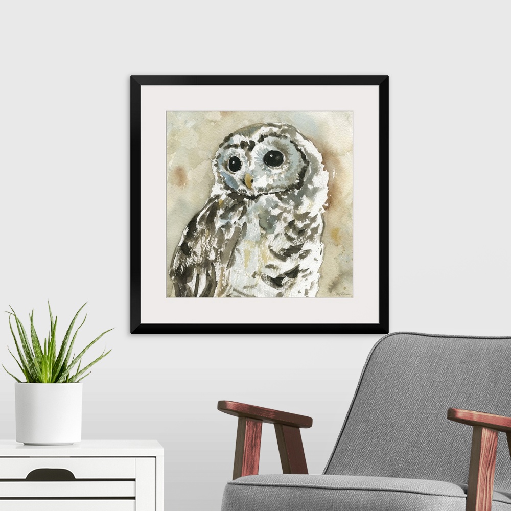 A modern room featuring A watercolor painting of an abstract  woodland owl.