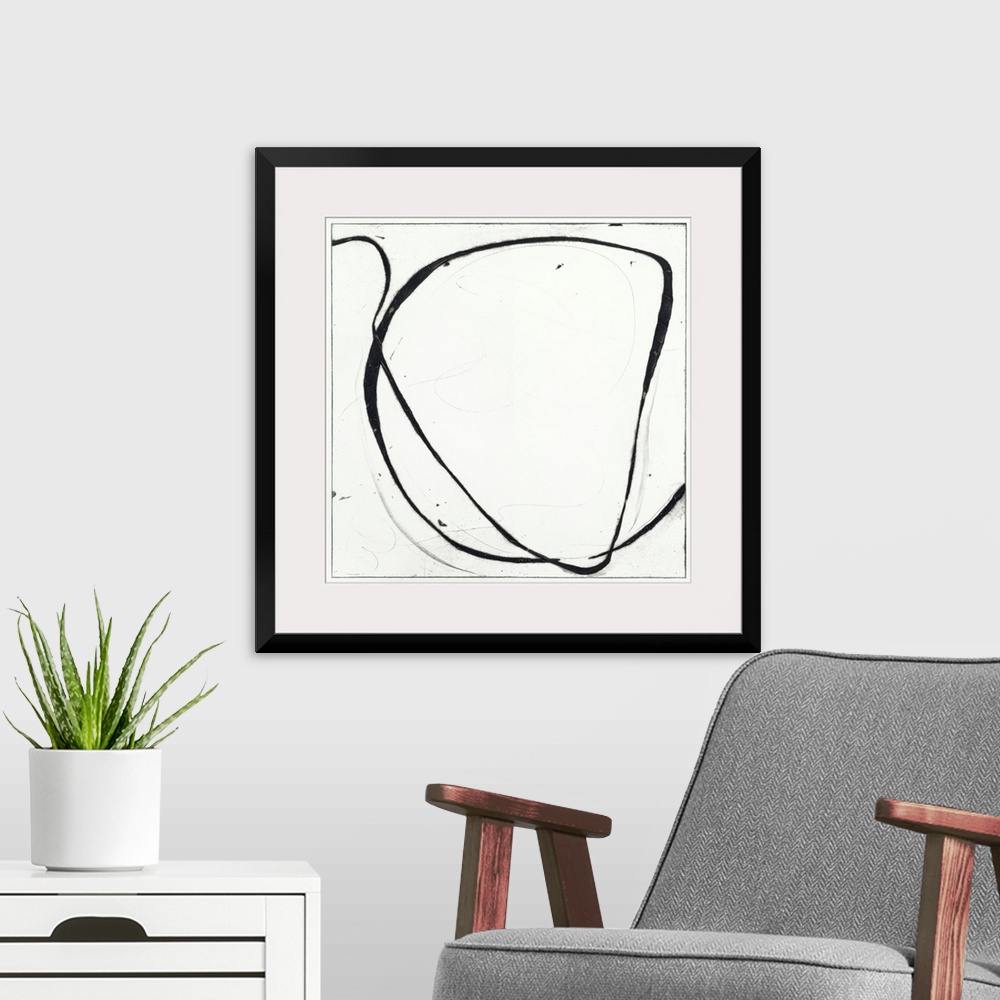 A modern room featuring Contemporary abstract tonal painting of huge loops of paint.