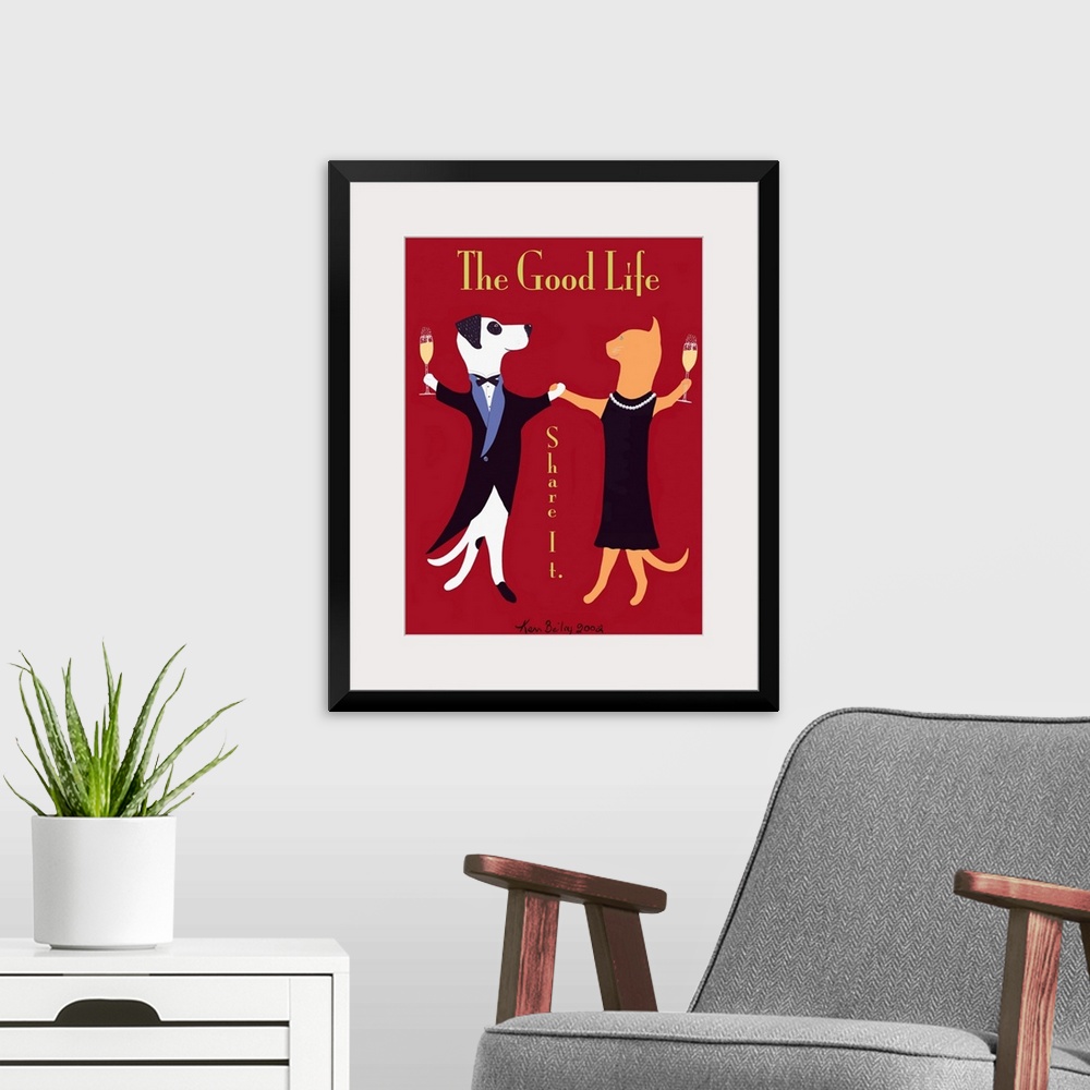 A modern room featuring Huge retro art composed of a dog in a tuxedo and a cat in a dress enjoying a glass of champagne w...