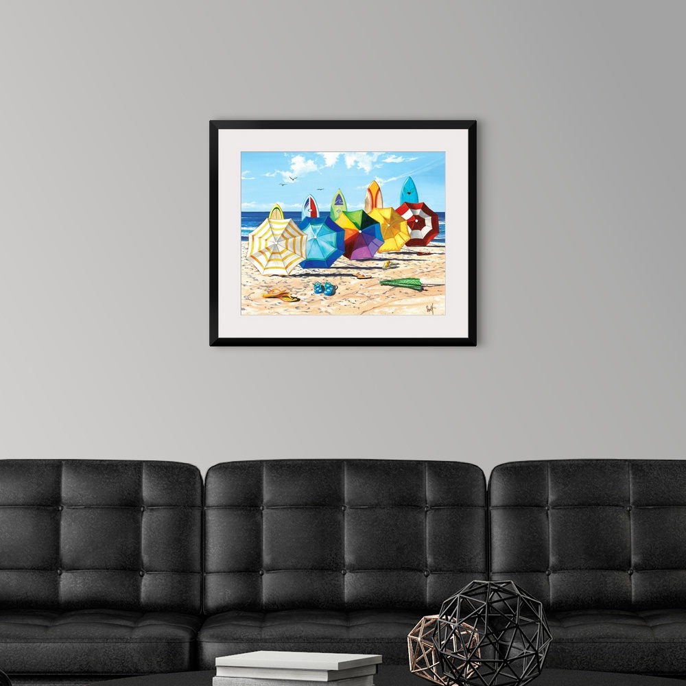 A modern room featuring Realistic drawing of open colorful umbrella's and surfboards lined up on the beach with flip flop...