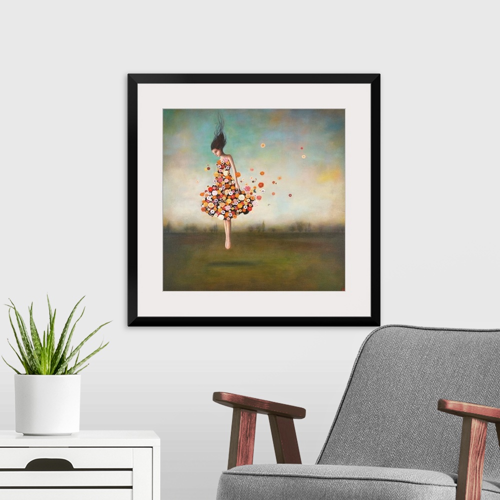 A modern room featuring Contemporary surreal artwork of a woman wearing a dress made of flowers floating in the air.